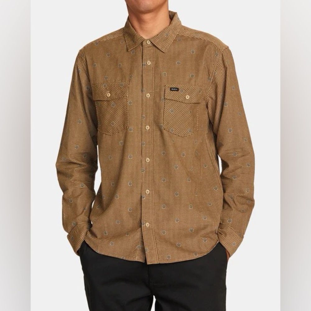 RVCA Brown Houndstooth Button Up Freeman Corduroy Long 100% Cotton Sleeve XXL